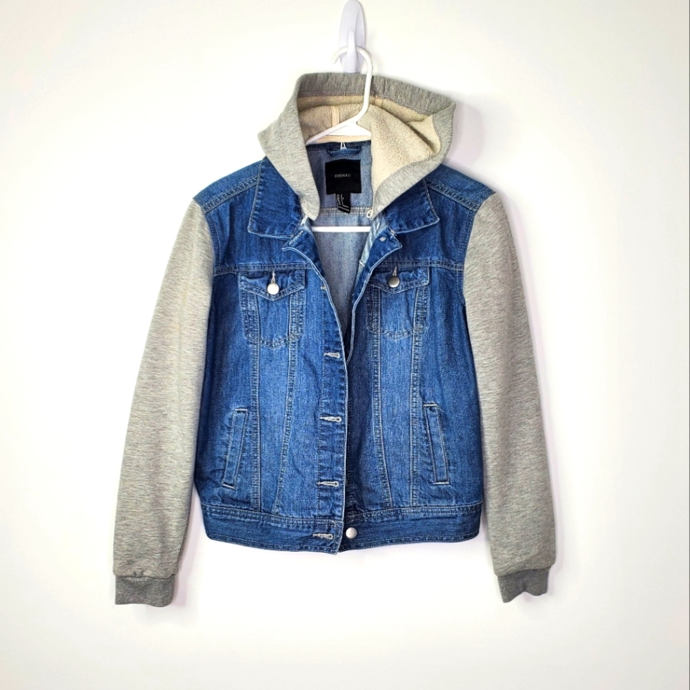 Forever21 Jersey Sleeve and Hood Denim Jean Jacket Women Small